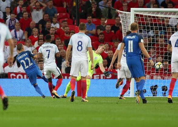4th September 2017, Wembley Stadium, London, England; World Cup Qualification, Group F; England versus Slovakia; Stanislav Lobotka of Slovakia shoots to score his sides 1st gal passed Goalkeeper Joe Hart of England in the 1st minute to make it 0-1 xJohnxPatrickxFletcherx  ActionPlus11925817