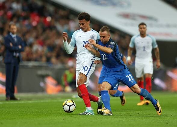 4th September 2017, Wembley Stadium, London, England; World Cup Qualification, Group F; England versus Slovakia; Dele Alli of England being challenged by Stanislav Lobotka of Slovakia xJohnxPatrickxFletcherx  ActionPlus11925830