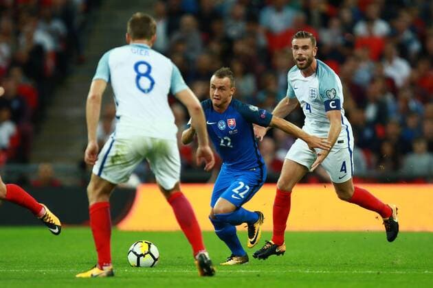 Eric Dier (E) Stanislav Lobotka (S) Jordan Henderson (E) at the England v Slovakia 2018 FIFA World Cup WM Weltmeisterschaft Fussball Qualifier, at Wembley Stadium, London on September 4, 2017. 
