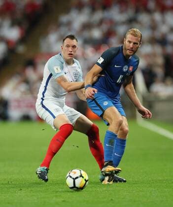 England s Phil Jones tussles with Slovakia s Adam Nemec during the World Cup Qualifier match at Wembley Stadium, London. Picture date 4th September 2017. Picture credit should read: David Klein Sportimage EDITORIAL USE ONLY. No use with unauthorised audio, video, data, fixture lists, club league logos or live services. Online in-match use limited to 120 images, no video emulation. No use in betting, games or single club league player publications.