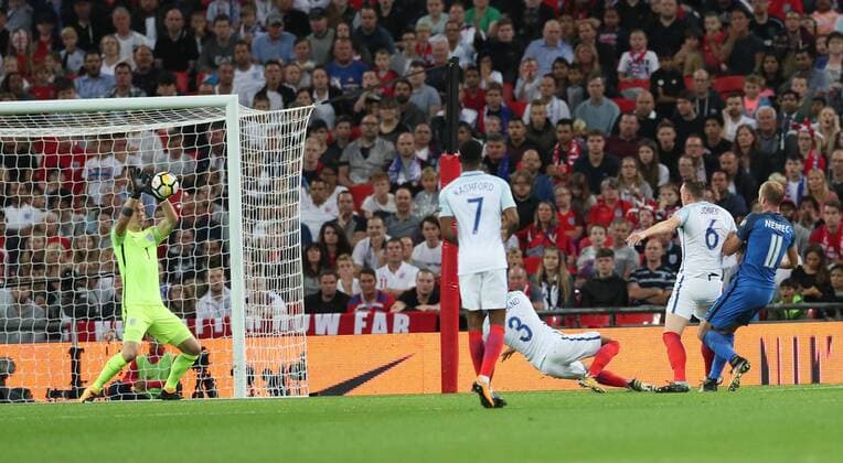 England s Joe Hart saves from Slovakia s Adam Nemec during the World Cup Qualifier match at Wembley Stadium, London. Picture date 4th September 2017. Picture credit should read: David Klein Sportimage EDITORIAL USE ONLY. No use with unauthorised audio, video, data, fixture lists, club league logos or live services. Online in-match use limited to 120 images, no video emulation. No use in betting, games or single club league player publications.