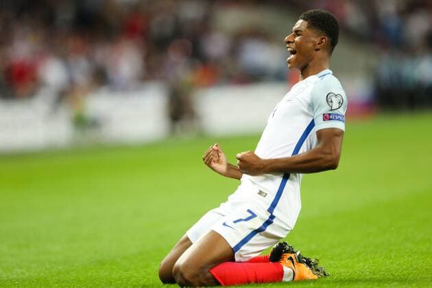 England?s Marcus Rashford celebrates scoring his side s 2nd goal during the World Cup Qualifying - European - Group F match at Wembley Stadium, London. Picture date 4th September 2017. Picture credit should read: Charlie Forgham-Bailey Sportimage EDITORIAL USE ONLY. No use with unauthorised audio, video, data, fixture lists, club league logos or live services. Online in-match use limited to 120 images, no video emulation. No use in betting, games or single club league player publications.