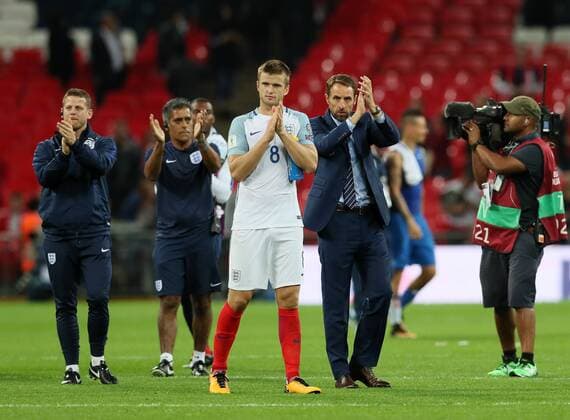 England s Gareth Southgate celebrates at the final whistle during the World Cup Qualifier match at Wembley Stadium, London. Picture date 4th September 2017. Picture credit should read: David Klein Sportimage EDITORIAL USE ONLY. No use with unauthorised audio, video, data, fixture lists, club league logos or live services. Online in-match use limited to 120 images, no video emulation. No use in betting, games or single club league player publications.