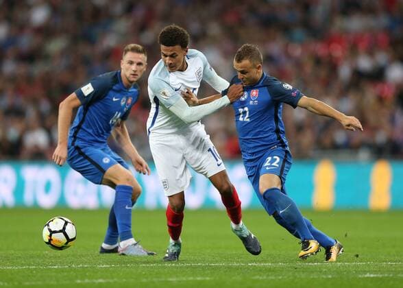 4th September 2017, Wembley Stadium, London, England; World Cup Qualification, Group F; England versus Slovakia; Dele Alli of England is challenged by Stanislav Lobotka of Slovakia xJohnxPatrickxFletcherx  ActionPlus11925867