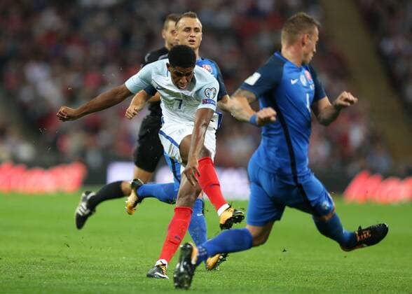 4th September 2017, Wembley Stadium, London, England; World Cup Qualification, Group F; England versus Slovakia; Marcus Rashford of England shoots to score his sides 2nd goal in the 58th minute to make it 2-1 xJohnxPatrickxFletcherx  ActionPlus11925870