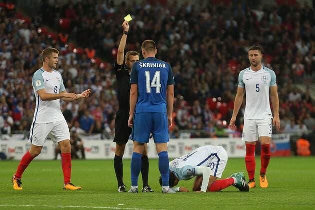 England v Slovakia 2018 FIFA World Cup WM Weltmeisterschaft Fussball Qualifying Milan Å kriniar of Slovakia gets a yellow card from Referee Clement Turpin during the 2018 FIFA World Cup Qualifying match at Wembley Stadium, London Copyright: xPaulxChestertonx FIL-10616-0068 UK Newspapers OUT
