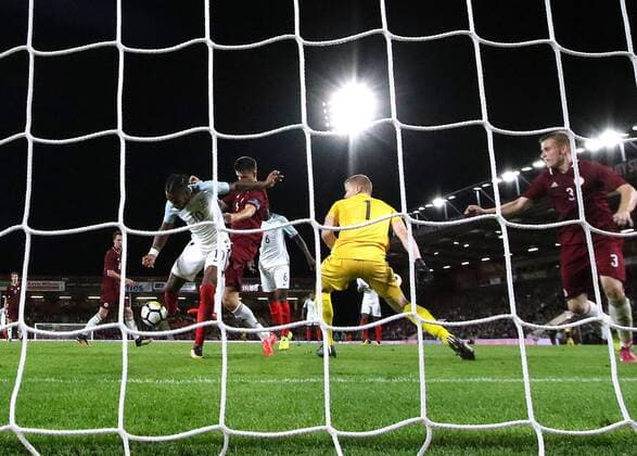 5th September 2017, Vitality Stadium, Bournemouth, England; UEFA European U21 U 21 Championship qualifier, Group 4; England U21 versus Latvia U21; Kasey Palmer of England slots his shot past Vladislavs Kurakins of Latvia, 3-0 England xMarkxKertonx  ActionPlus11926402