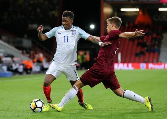 5th September 2017, Vitality Stadium, Bournemouth, England; UEFA European U21 U 21 Championship qualifier, Group 4; England U21 versus Latvia U21; Demarai Gray of England takes the ball past Vladislavs Sorokins of Latvia xMarkxKertonx  ActionPlus11926413