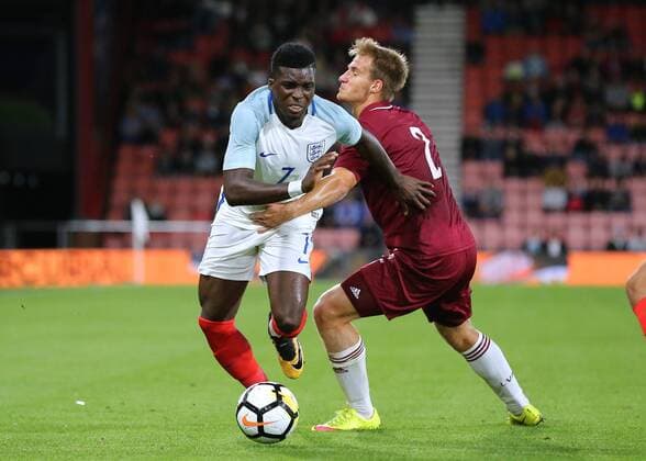 5th September 2017, Vitality Stadium, Bournemouth, England; UEFA European U21 U 21 Championship qualifier, Group 4; England U21 versus Latvia U21; Oluwaseyi Ojo of England is fouled by Vladislavs Sorokins of Latvia xMarkxKertonx  ActionPlus11926541