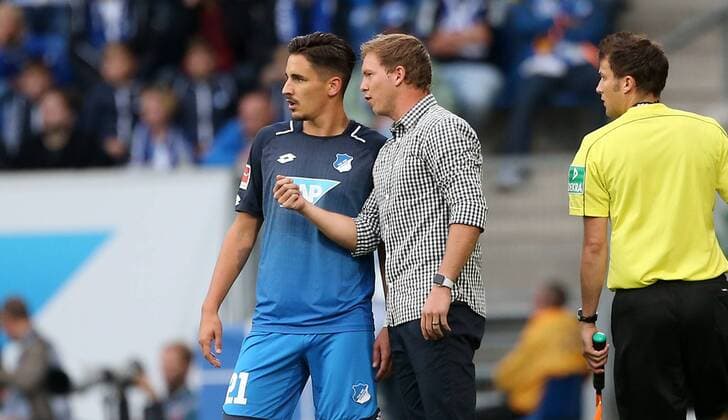 Fussball 1. Bundesliga: TSG 1899 Hoffenheim - FC Bayern München, 3. Spieltag am 09.09.2017 in der Wirsol Rhein Neckar Arena, xmdx, Benjamin HUEBNER HÜBNER (21, 1899 Hoffenheim), Julian NAGELSMANN (Trainer, 1899 Hoffenheim) TSG 1899 Hoffenheim - FC Bayern München