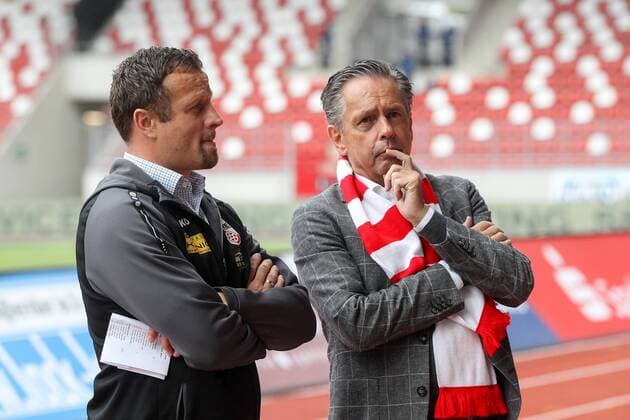 Erfurt, 09.09.2017 , FC Rot Weiß Erfurt gegen FCV Carl Zeiss Jena im Bild: Sportmanager Torsten Traub und Präsident Rolf Rombach (RWE)