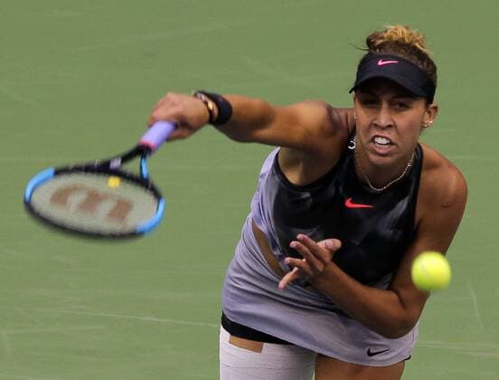 Madison Keys of the United States serves to Sloane Stephens of the United States during their championship match in Arthur Ashe Stadium at the 2017 US Open Tennis Championships at the USTA Billie Jean King National Tennis Center in New York City on September 7, 2017.  NYP20170909901 RAYxSTUBBLEBINE