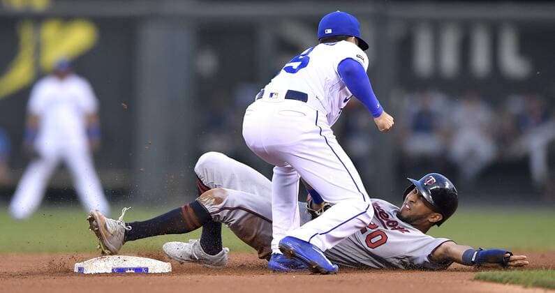 September 9, 2017 - Kansas City, MO, USA - The Minnesota Twins Eddie Rosario is tagged out by Kansas City Royals second baseman Whit Merrifield, top, as his foot slides off the base during a steal attempt in the fourth inning at Kauffman Stadium in Kansas City, Mo., on Saturday, Sept. 9, 2017. Minnesota at Kansas City - ZUMAm67_ 20170909_zaf_m67_174 Copyright: xJohnxSleezerx