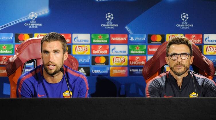 September 11th 2017, Trigoria, Rome, Italy, AS Roma press conferenc ebefore their Champions league match against Atletico Madrid on Sptember 12th in Rome; Coach Eusebio Di Francesco and Kevin Strootman  ActionPlus11929360