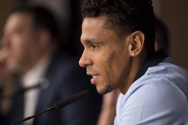 Apoel s Igor de Camargo attends to the Apoel FC press conference PK Pressekonferenz before Champions League match between Real Madrid and Apoel at Santiago Bernabeu Stadium in Madrid, Spain September 12, 2017.  (20170912016)
