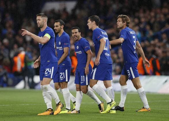 Chelsea s Pedro celebrates scoring his sides opening goal during the champions league match at Stamford Bridge Stadium, London. Picture date 12th September 2017. Picture credit should read: David Klein Sportimage EDITORIAL USE ONLY. No use with unauthorised audio, video, data, fixture lists, club league logos or live services. Online in-match use limited to 120 images, no video emulation. No use in betting, games or single club league player publications.