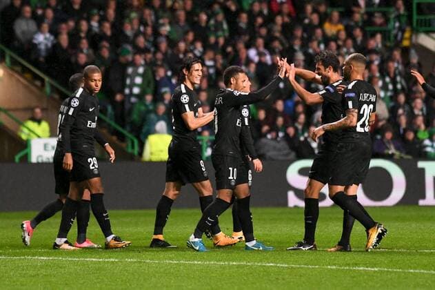 10 NEYMAR JR (psg) - 09 EDINSON CAVANI (psg) - 29 KYLIAN MBAPPE (psg) - 08 THIAGO MOTTA (psg) - JOIE FOOTBALL : Celtic Glasgow vs Paris SG - Ligue des Champions - 12 09 2017 AnthonyBIBARD FEP Panoramic 