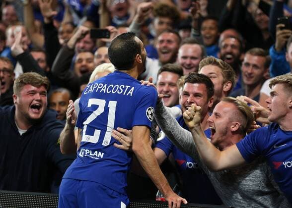 12th September 2017, Stamford Bridge, London, England; UEFA Champions League Group stage, Chelsea versus Qarabag FK; Davide Zappacosta of Chelsea celebrates wit the Chelsea fans after scoring his sides 2nd goal in the 29th minute to make it 2-0  ActionPlus11929405