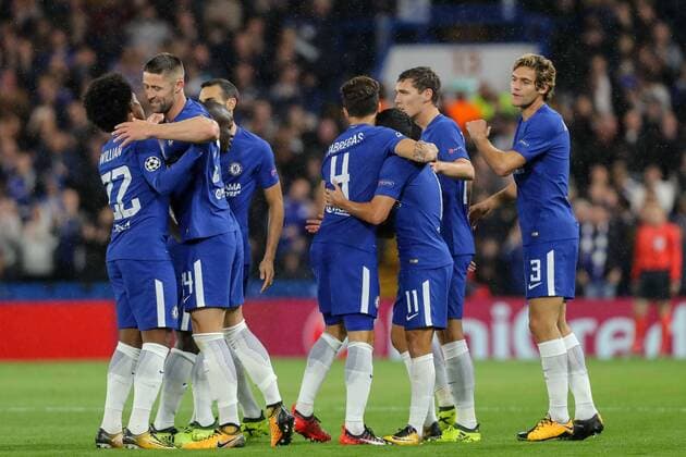 London, England 12.09.2017, UEFA Champions League - 2017 18 Season, 1st game day, FC Chelsea - Qarabag Agdam, Tor zum 1:0 Torschuetze Pedro Rodriguez (FCC) wird bejubelt ( DeFodi048