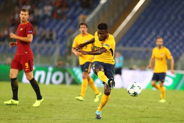 12th September 2017, Stadio Olimpic, Rome, Italy; UEFA Champions League between AS Roma versus Club Atletico de Madrid Thomas Partey gets his shot goalbound to saved ; the game ended on a 0-0 draw  ActionPlus11929558