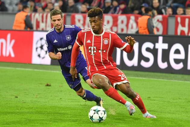 Kingsley COMAN (Bayern Muenchen),Aktion,Zweikampf gegen Alexandru Chipciu (Anderlecht). FC Bayern Muenchen-RSC Anderlecht 3-0. Fussball Champions League,Gruppenphase, am 12.09.2017. A L L I A N Z A R E N A.
