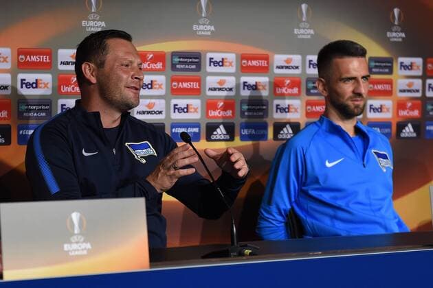 Fussball, Herren, 2017 18, UEFA EuroLeague, Hertha BSC, Pressekonferenz, Cheftrainer Pal Dardai (Hertha BSC), Vedad Ibisevic (Nr. 19, Hertha BSC), 13.09.17, Copyright: xMichaelxHundtx xMatthiasxKochx