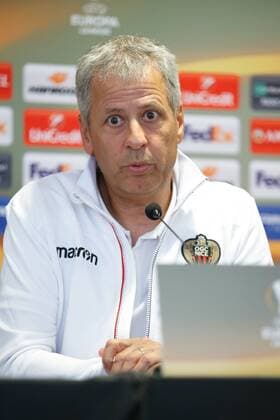 Nice head coach Lucien Favre pictured during a press conference PK Pressekonferenz of French soccer club OGC Nice, Wednesday 13 September 2017 in Waregem. Tomorrow Nice is playing Belgian team SV Zulte Waregem on the first day of the group stage (Group K) of the Europa League tournament. BRUNOxFAHY  x05164058x