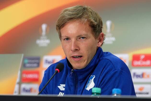 Julian Nagelsmann (Trainer, Cheftrainer, Hoffenheim), Einzelbild, Aktion, Action, bei der Pressekonferenz am Vortag des Spiels, Abschlusspressekonferenz, PK, press conference PK Pressekonferenz Pressetermin, Medientermin, Fussball, UEFA Europa League, MD-1, TSG 1899 Hoffenheim - SC Braga,