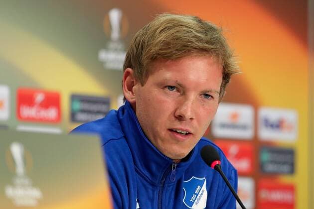 Julian Nagelsmann (Trainer, Cheftrainer, Hoffenheim), Einzelbild, Aktion, Action, bei der Pressekonferenz am Vortag des Spiels, Abschlusspressekonferenz, PK, press conference PK Pressekonferenz Pressetermin, Medientermin, Blick durch die Kamera, Fussball, UEFA Europa League, MD-1, TSG 1899 Hoffenheim - SC Braga,