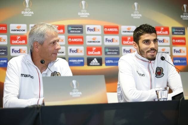 Nice head coach Lucien Favre and Nice Pierre Lees-Melou pictured during a press conference PK Pressekonferenz of French soccer club OGC Nice, Wednesday 13 September 2017 in Waregem. Tomorrow Nice is playing Belgian team SV Zulte Waregem on the first day of the group stage (Group K) of the Europa League tournament. BRUNOxFAHY  x05164072x