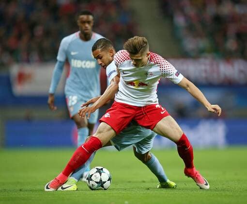 13.09.2017, Fussball UEFA Champions League 2017 2018, Gruppenphase, 1.Spieltag, RB Leipzig - AS Monaco, in der Red Bull Arena Leipzig. v.l. Jorge (AS Monaco) gegen Marcel Sabitzer (RB Leipzig)
