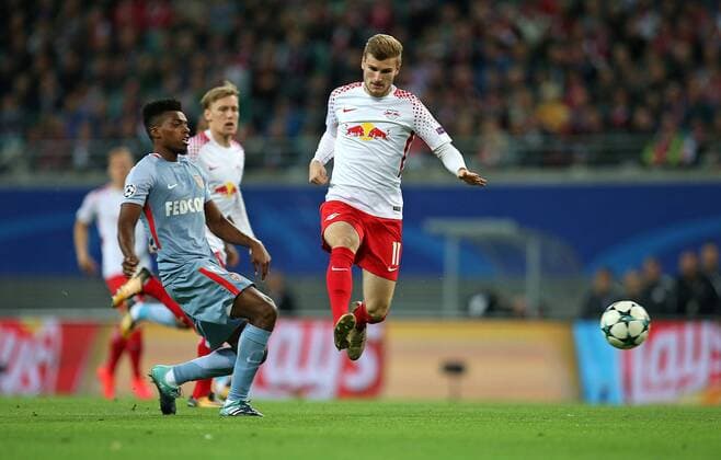 13.09.2017, Fussball UEFA Champions League 2017 2018, Gruppenphase, 1.Spieltag, RB Leipzig - AS Monaco, in der Red Bull Arena Leipzig. v.l. Jemerson (AS Monaco) gegen Timo Werner (RB Leipzig)