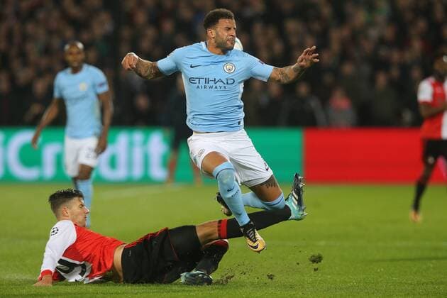 Jens Toornstra of Feyenoord, Kyle Walker of Manchester City during the UEFA Champions League group F match between Feyenoord Rotterdam and Manchester City at the Kuip on September 13, 2017 in Rotterdam, The Netherlands UEFA Champions League 2017 2018 xVIxVIxImagesx xTomxBodexMultimediaxIVx 8734798