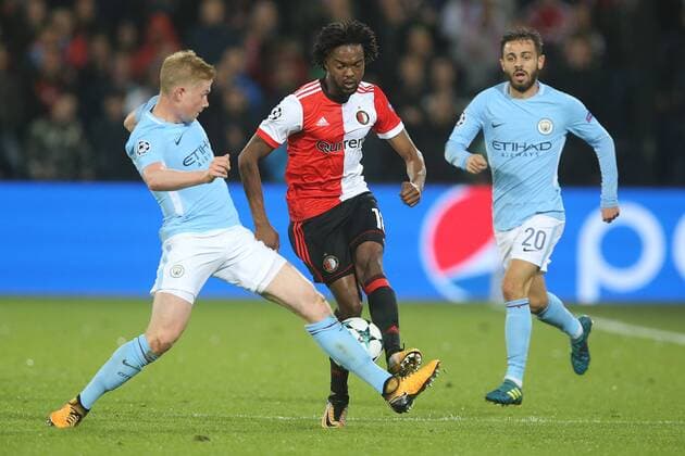 Kevin DE Bruyne of Manchester City, Miguel Nelom of Feyenoord, Bernardo Silva of Manchester City during the UEFA Champions League group F match between Feyenoord Rotterdam and Manchester City at the Kuip on September 13, 2017 in Rotterdam, The Netherlands UEFA Champions League 2017 2018 xVIxVIxImagesx xTomxBodexMultimediaxIVx 8734799