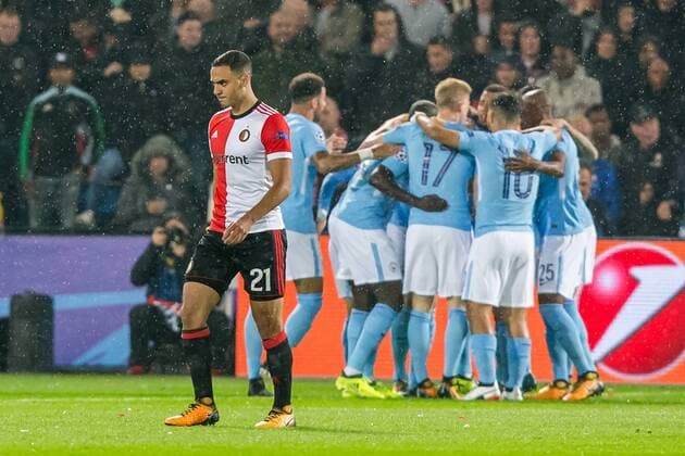ROTTERDAM - Feyenoord - Manchester City , Voetbal , Seizoen 2017 2018 , Champions League , Feijenoord stadion de Kuip , 13-09-2017 , Feyenoord speler Sofyan Amrabat (l) baalt terwijl spelers van City de 0-1 vieren Feyenoord - Manchester City  x1707227x