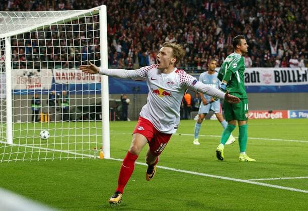 Emil Forsberg 1:0 Freude Emotion jubelnd Jubel nach 1:0 Fußball Fussball UEFA CL Championsleague Herren Saison 2017 2018 13.09.2017 RB Leipzig RBL vs. AS Monaco