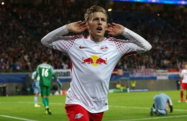 Emil Forsberg 1:0 Freude Emotion jubelnd Jubel nach 1:0 Fußball Fussball UEFA CL Championsleague Herren Saison 2017 2018 13.09.2017 RB Leipzig RBL vs. AS Monaco