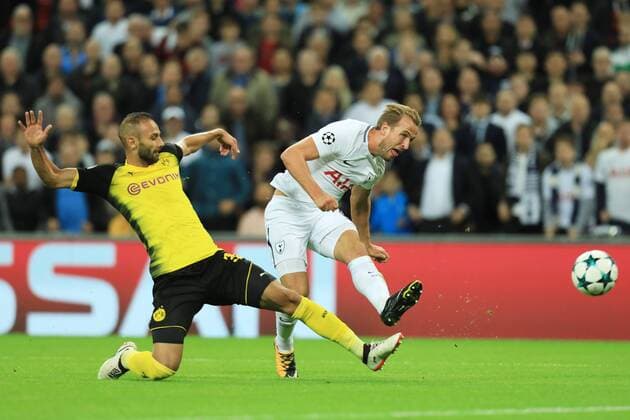 13th September 2017, Wembley Stadium, London, England; Champions League Group stage, Tottenham Hotspur versus Borussia Dortmund; Harry Kane of Tottenham Hotspur shoots and scores making it 2-1  ActionPlus11929742
