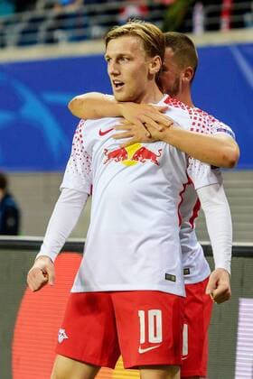 Emil Forsberg (RB Leipzig 10) beim Torjubel nach dem Treffer zum 1:0 mit Diego Demme (RB Leipzig 31) beim Championsleague Spiel zwischen RB Leipzig und AS Monaco am 13.09.2017, Leipzig Copyright: xSchueler Eibner-Pressefotox EP_JSE