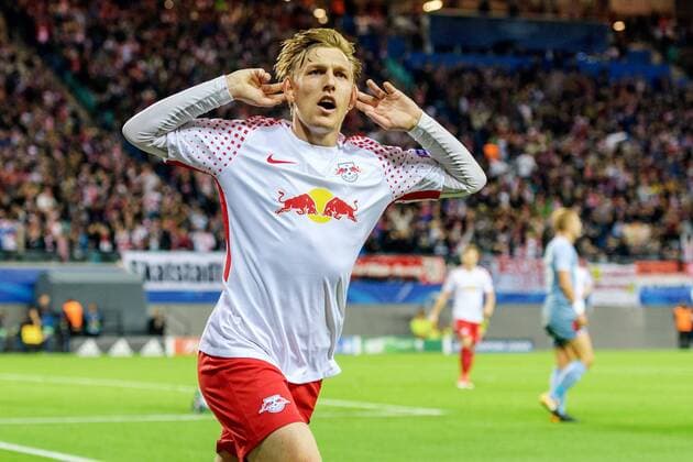 Emil Forsberg (RB Leipzig 10) beim Torjubel nach dem Treffer zum 1:0 beim Championsleague Spiel zwischen RB Leipzig und AS Monaco am 13.09.2017, Leipzig Copyright: xSchueler Eibner-Pressefotox EP_JSE