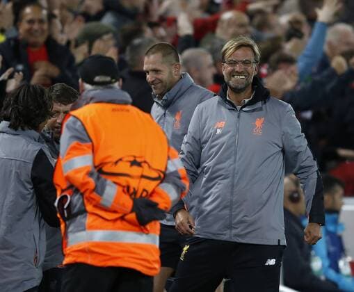 A very happy Jurgen Klopp manager of Liverpool following their second goal during the Champions League Group E match at the Anfield Stadium, Liverpool. Picture date 13th September 2017. Picture credit should read: Simon Bellis Sportimage EDITORIAL USE ONLY. No use with unauthorised audio, video, data, fixture lists, club league logos or live services. Online in-match use limited to 120 images, no video emulation. No use in betting, games or single club league player publications.