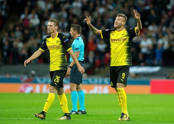 Andriy Yarmolenko of Borussia Dortmund celebrates scoring the equalising goal during the UEFA Champions League group stage match between Tottenham Hotspur and Borussia Dortmund at Wembley Stadium, London, England on 13 September 2017. Copyright: xVincexMignottx 16640019