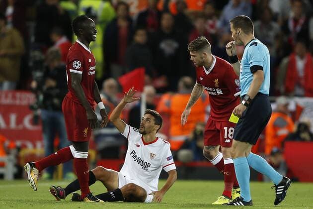 Jesus Navas of Sevilla complains after he was brought down during the Champions League Group E match at the Anfield Stadium, Liverpool. Picture date 13th September 2017. Picture credit should read: Simon Bellis Sportimage EDITORIAL USE ONLY. No use with unauthorised audio, video, data, fixture lists, club league logos or live services. Online in-match use limited to 120 images, no video emulation. No use in betting, games or single club league player publications.