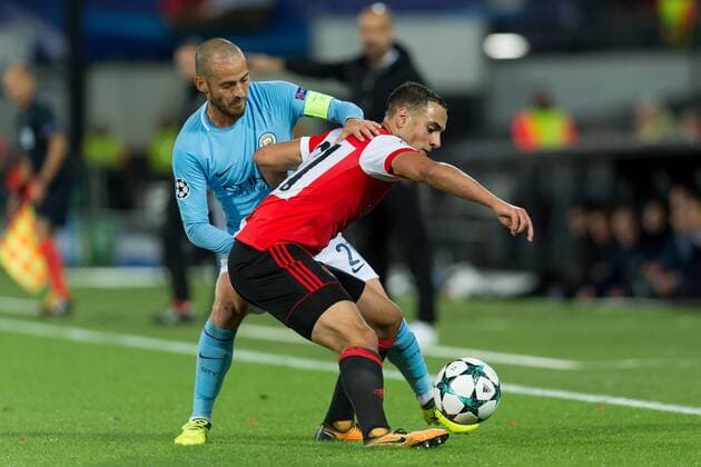 Rotterdam, Netherlands 08.03.2017, UEFA Champions League - 2017 18 Season, Gruppenphase - Gruppe F - 1. Spieltag, Feyenoord Rotterdam - Manchester City, David Silva (ManC) und Sofyan Amrabat (Rotterdam) im zweikampf ( DeFodi001