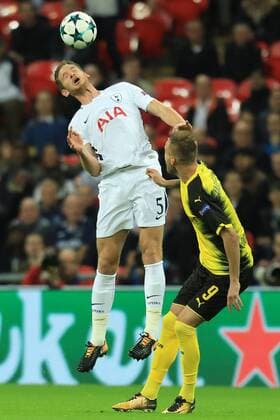13th September 2017, Wembley Stadium, London, England; Champions League Group stage, Tottenham Hotspur versus Borussia Dortmund; Jan Vertonghen of Tottenham Hotspur wins a header  ActionPlus11929753