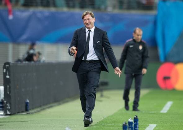 Freude nach dem Tor zum 1-0: Cheftrainer Ralph Hasenhuettl (L) freut sich ueber den Treffer. Fussball international: UEFA Championsleague, Saison 2017 2018, Gruppenspiel: RB Leipzig - AS Monaco FC in Leipzig, Deutschland am 13.09.2017,