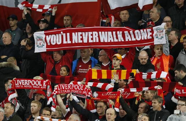 Liverpool fans hold up a giant scarf with the phrase You ll Never Walk Alone during the Champions League Group E match at the Anfield Stadium, Liverpool. Picture date 13th September 2017. Picture credit should read: Simon Bellis Sportimage EDITORIAL USE ONLY. No use with unauthorised audio, video, data, fixture lists, club league logos or live services. Online in-match use limited to 120 images, no video emulation. No use in betting, games or single club league player publications.