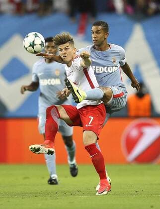 Foto: JORGE ( Monaco ) gegen Marcel Sabitzer Fussball - Championsleague am Mi. 13.09.2017 Gruppenspiel BRB Leipzig - AS Monaco