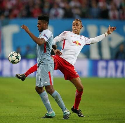 13.09.2017, Fussball UEFA Champions League 2017 2018, Gruppenphase, 1.Spieltag, RB Leipzig - AS Monaco, in der Red Bull Arena Leipzig. v.l. Jemerson (AS Monaco) gegen Yussuf Poulsen (RB Leipzig)