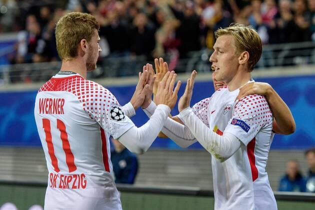 Emil Forsberg (RB Leipzig 10) beim Torjubel nach dem Treffer zum 1:0 mit Timo Werner (RB Leipzig 11) beim Championsleague Spiel zwischen RB Leipzig und AS Monaco am 13.09.2017, Leipzig Copyright: xSchueler Eibner-Pressefotox EP_JSE